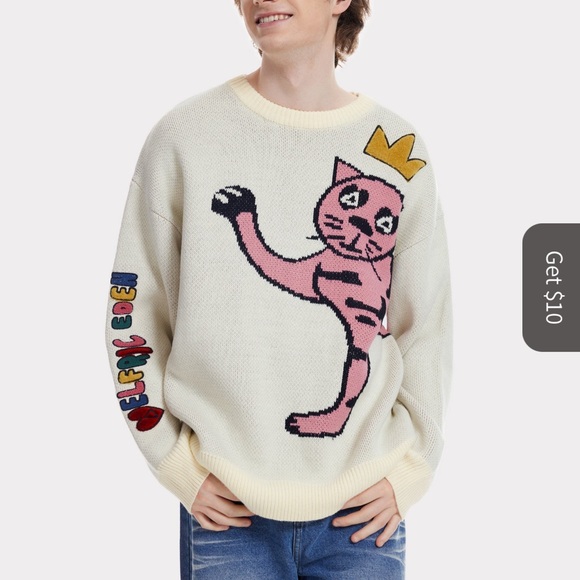 Aelfric Eden Cream Sweater with Pink Cat Design - Picture 1 of 11